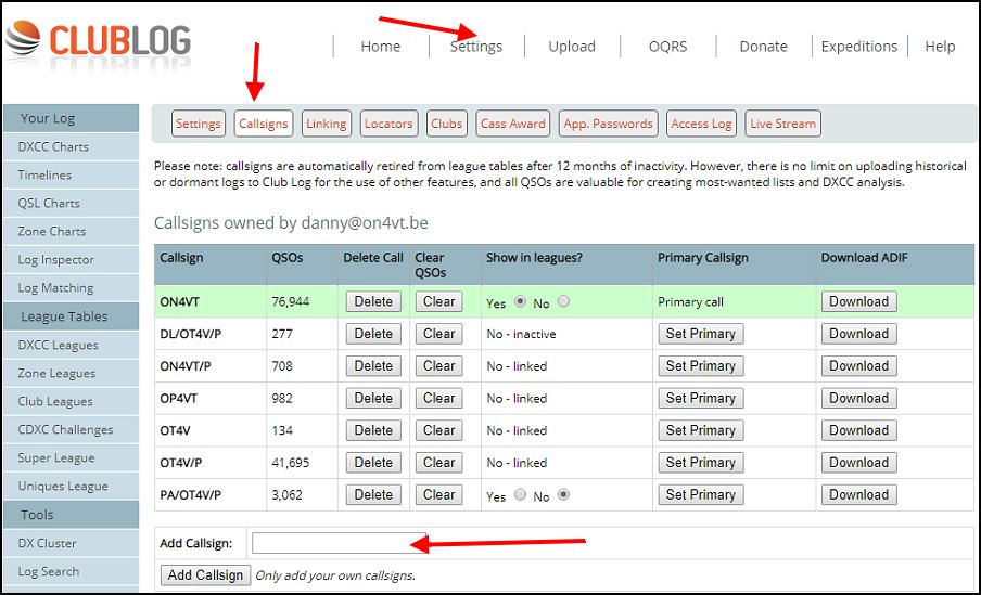 Clublog Settings > Callsigns: add your outdoor callsign