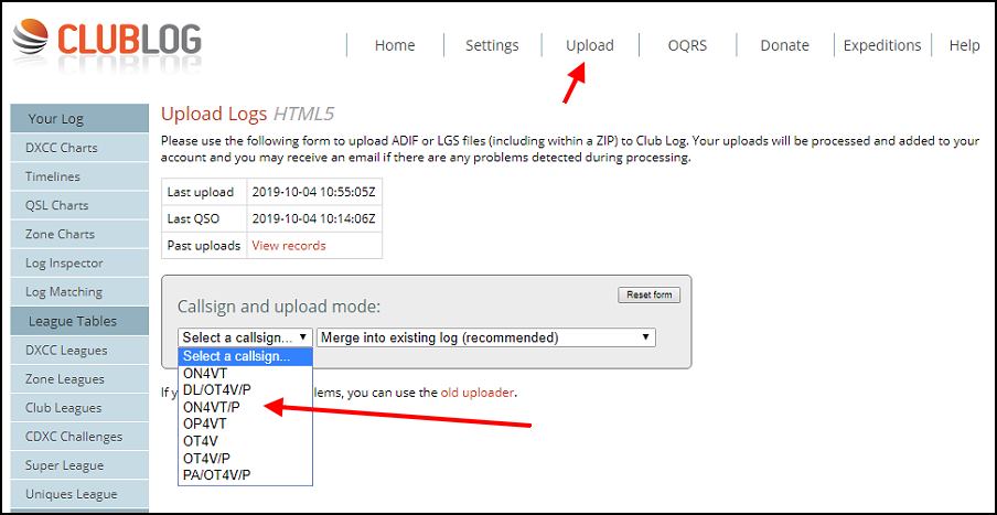 Clublog Upload: select the correct callsign