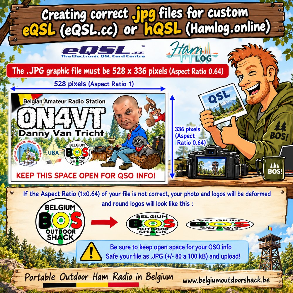 Creating correct .jpg files for a custom eQSL or hQSL card: 528 x 336 pixels, aspect ratio 0.64, keep space open for the QSO info